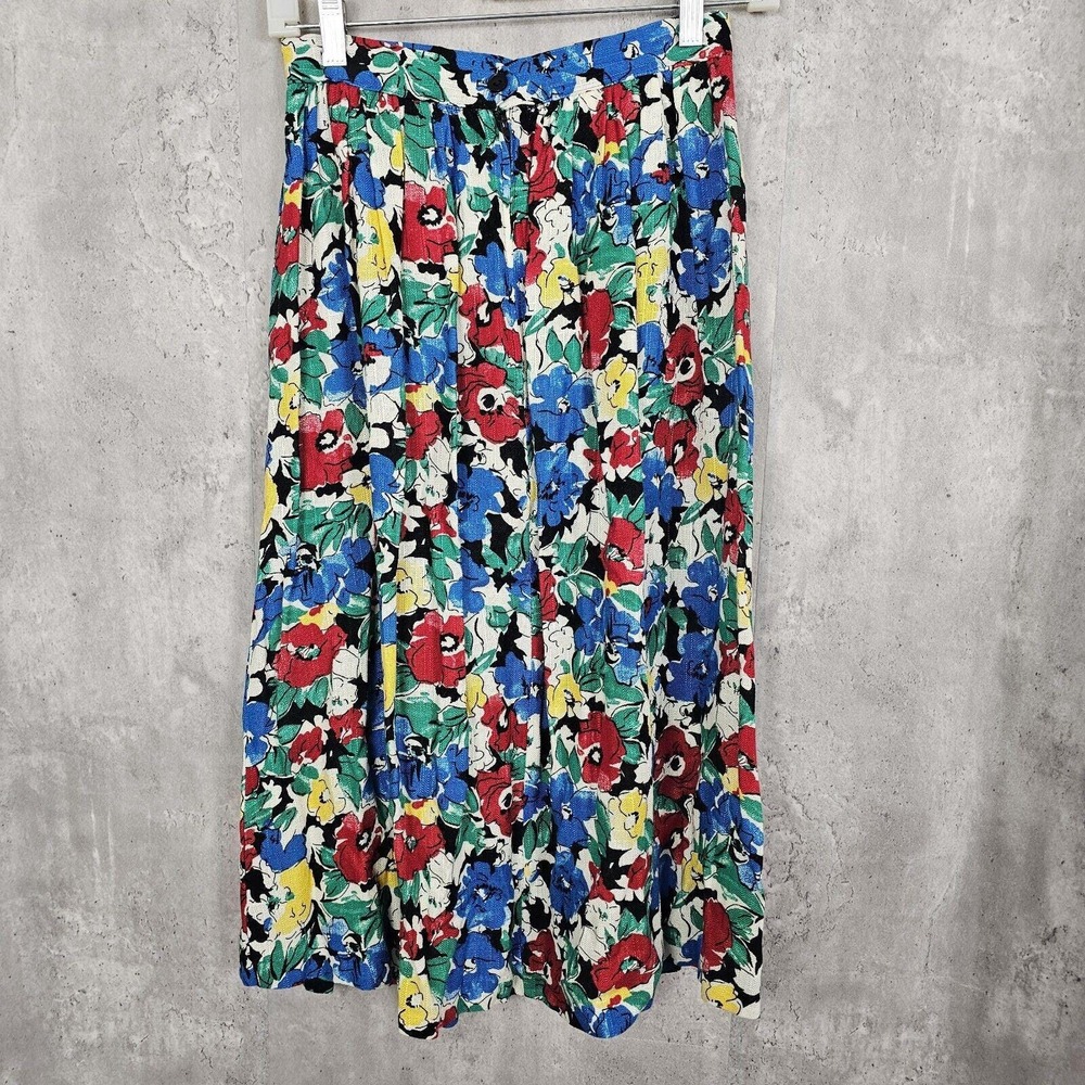 Vintage 80s Worthington Petite S Floral Pleated Midi Skirt Rayon Made‎ USA - Picture 8 of 10